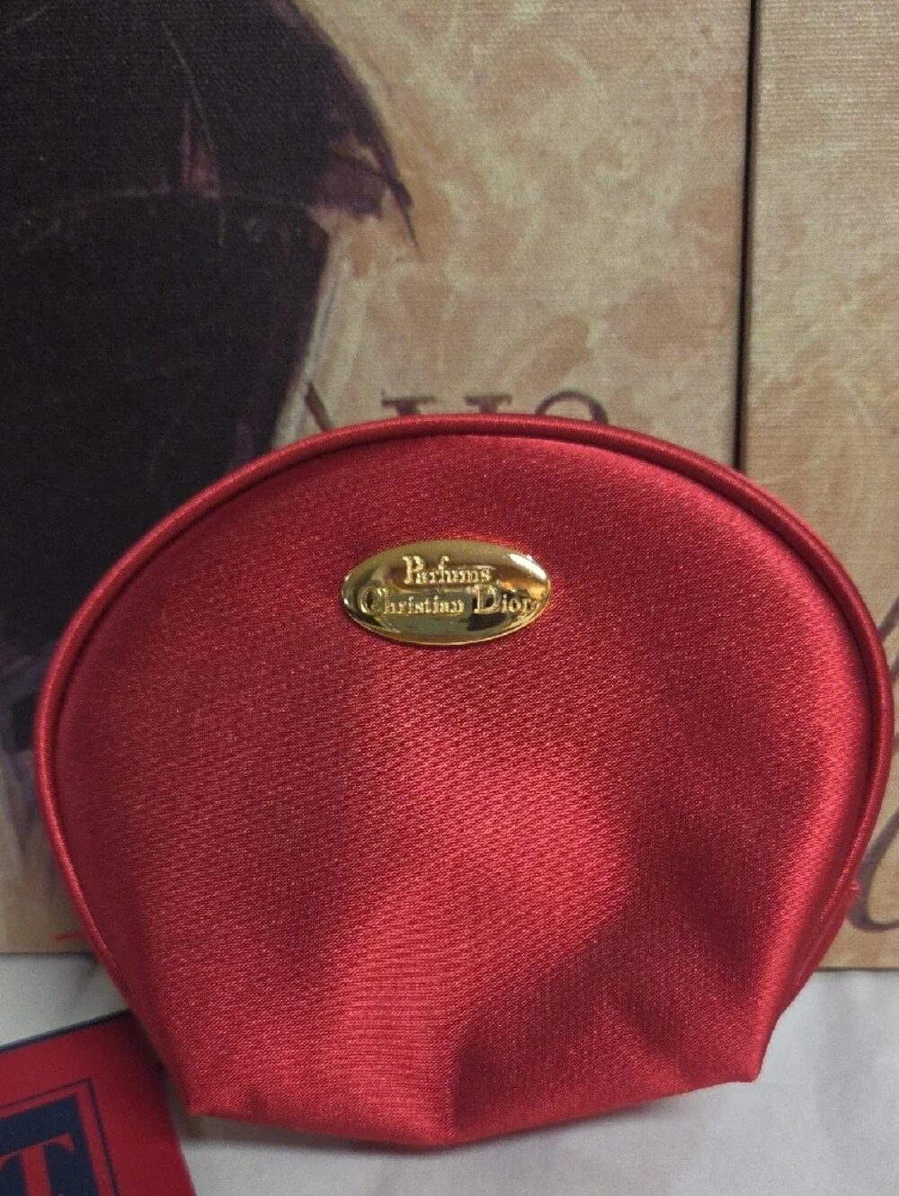 Dior Red Satin Zip Card & Key Pouch with Gold Plaque POUCH ONLY